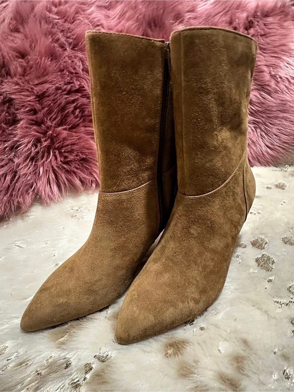 Rockport Pointed Toe Heeled Faux Suede Boots in Camel